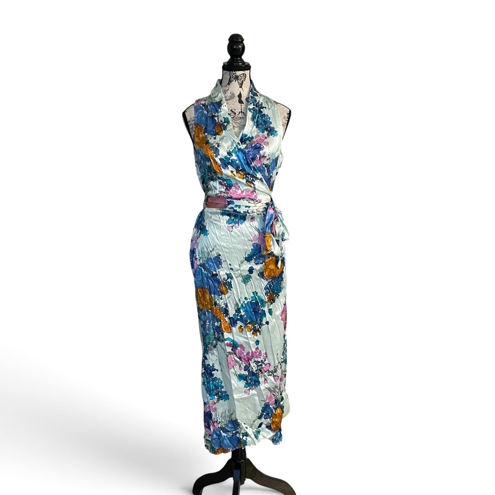 Vince Wrap Dress Womens M Blue Floral Satin Sleeveless Midi Romantic Wedding